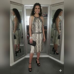 Glam Gatsby Holiday Flapper Art Deco Sequin Whimsigoth Beaded Midi Dress New